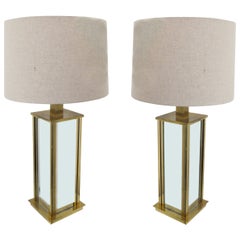 Pair of 1970s Large Italian Brass and Faceted Mirrored Glass Table Lamps