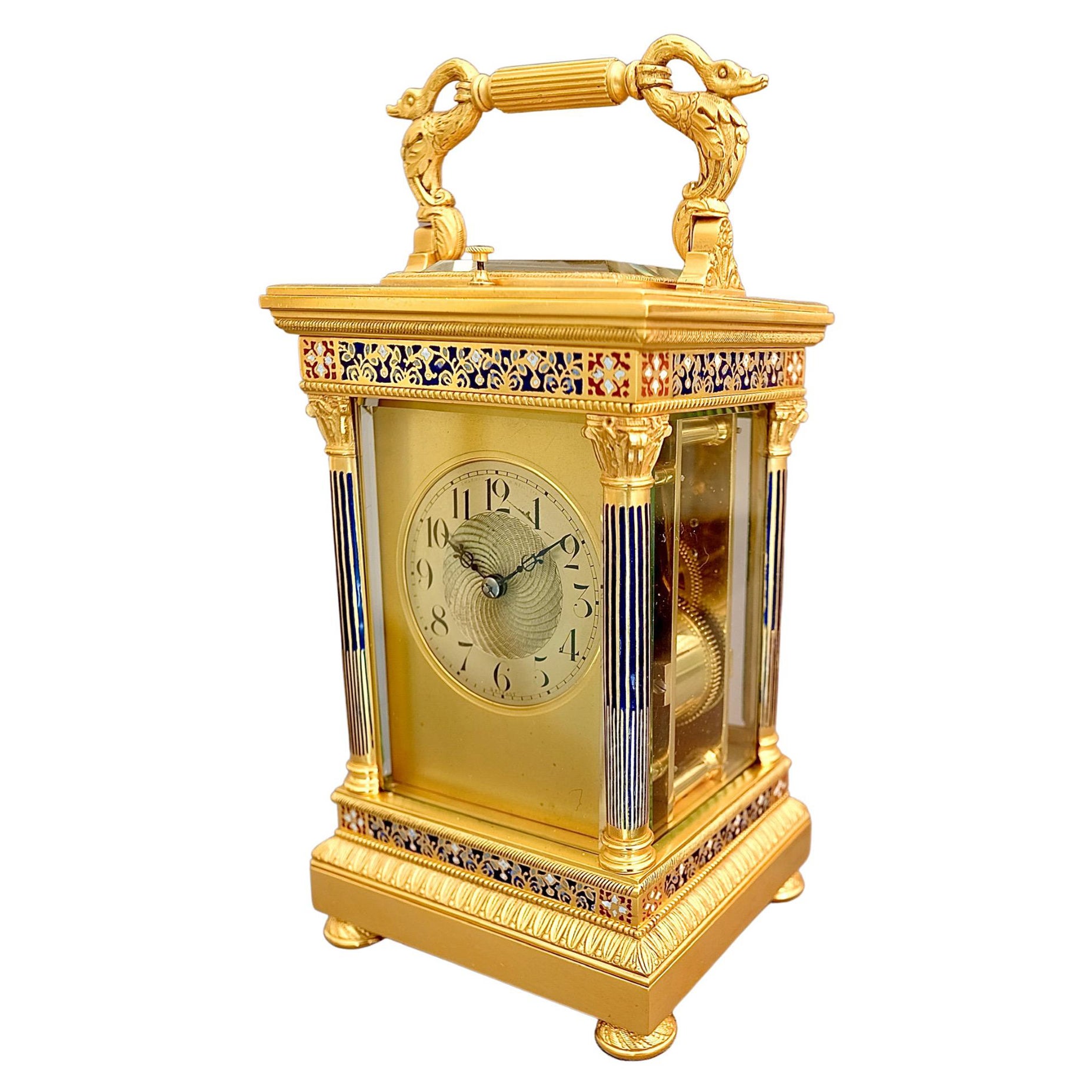 French Brass and Champlevé Enamel-Mounted Striking Carriage Clock For Sale