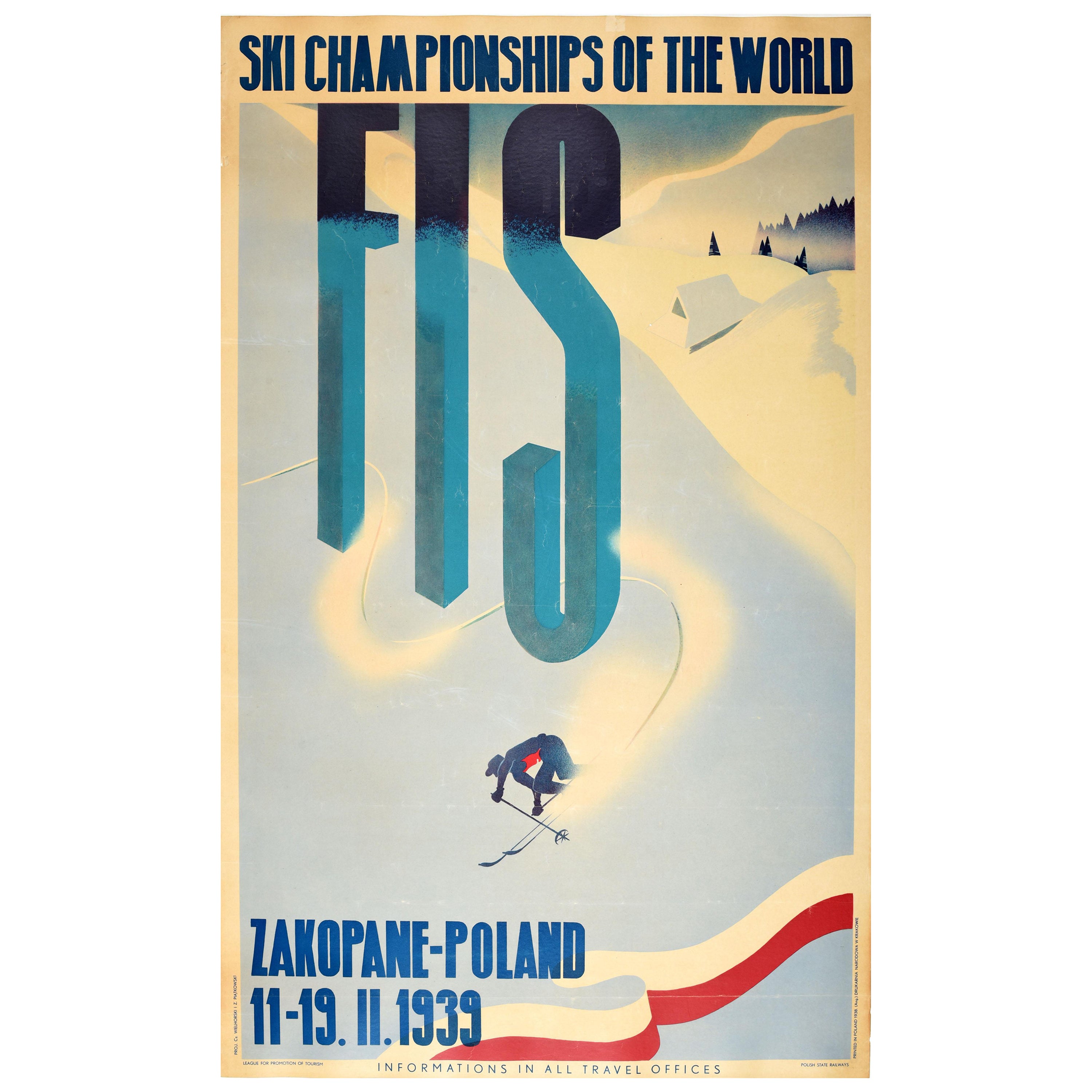 Affiche vintage originale de voyage de ski pour les championnats du monde de ski FIS au Zakopane, Pologne en vente