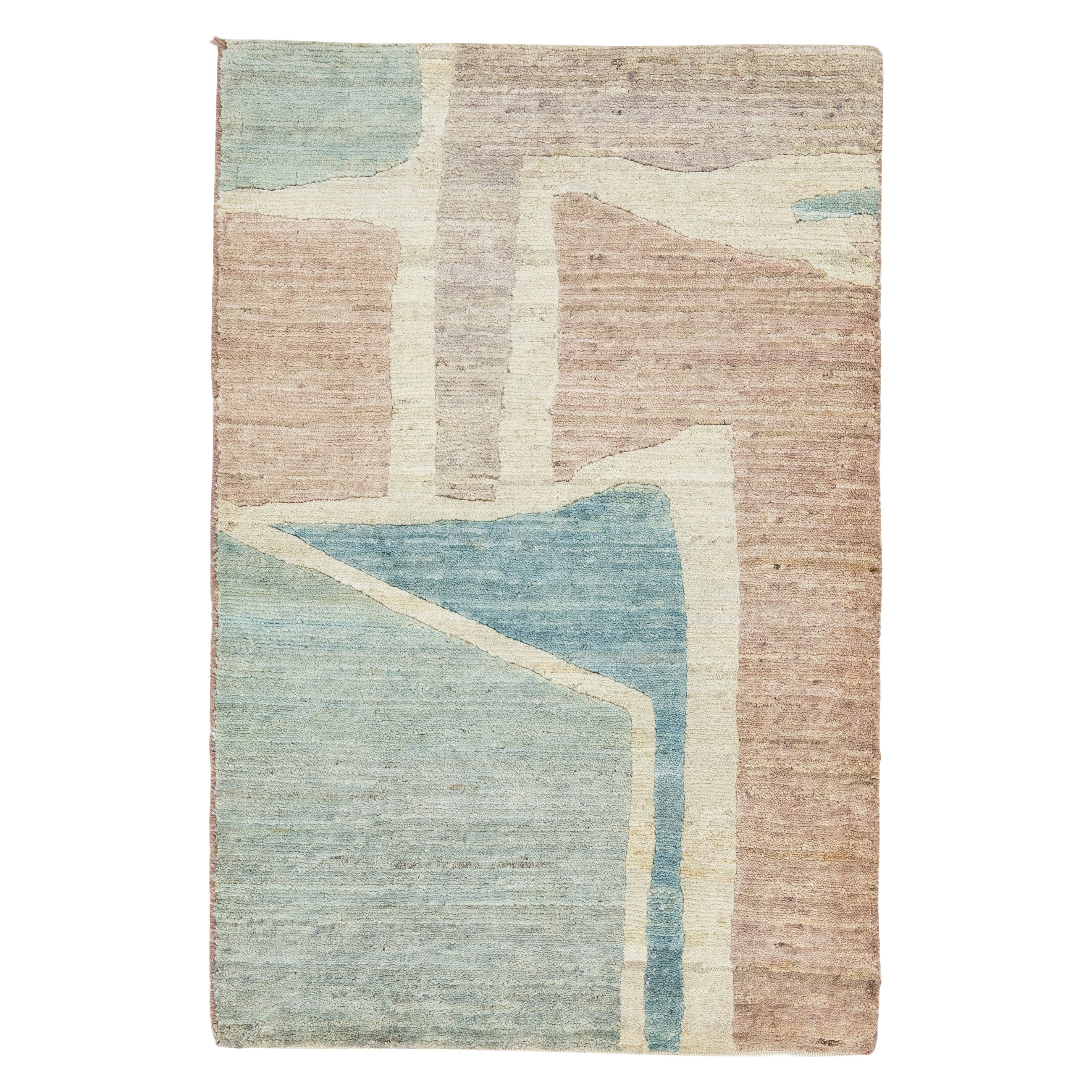 Modern Handmade Blue & Peach Abstract Custom Wool Rug For Sale