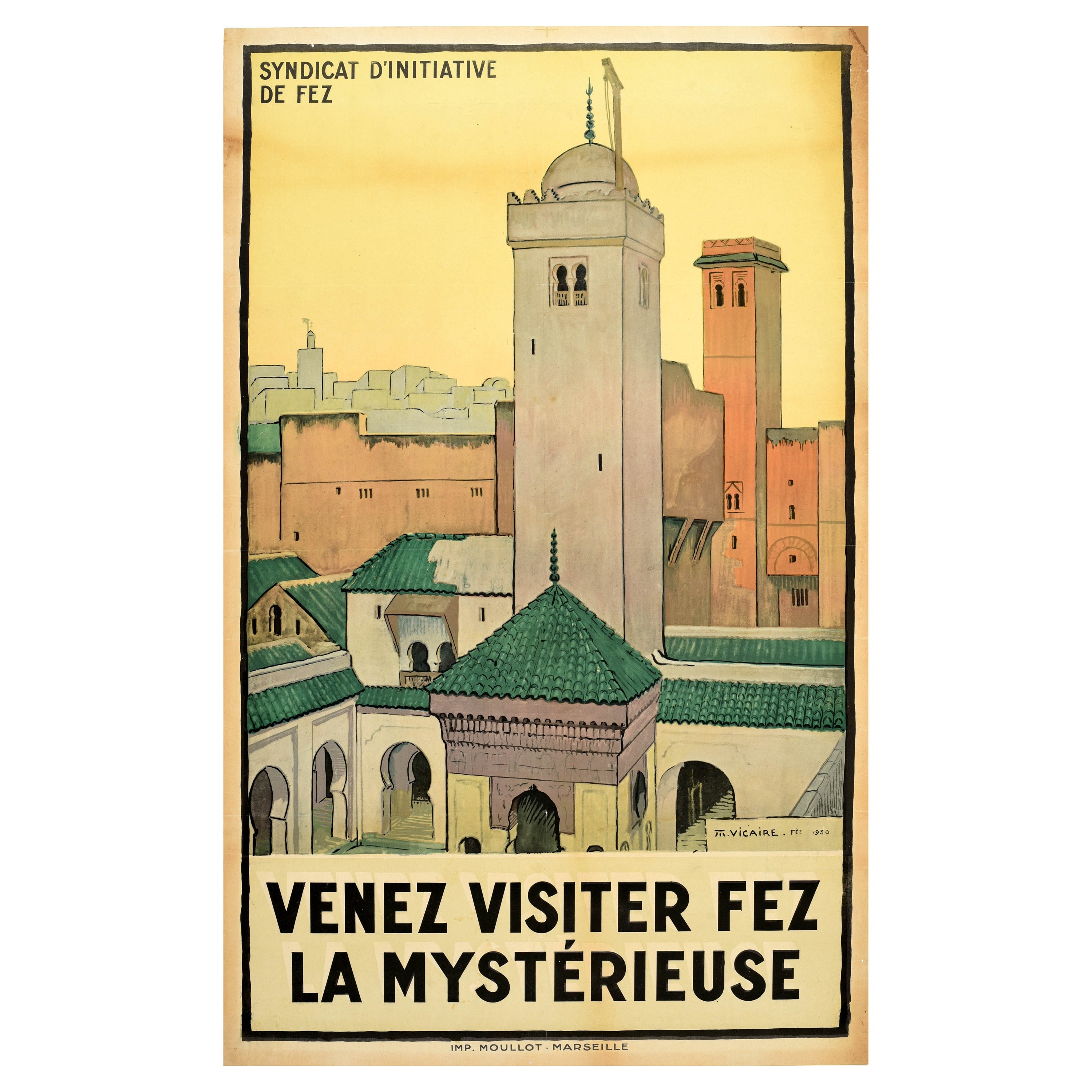 Affiche vintage originale de voyage Fez, Maroc, Afrique du Nord, Mysterious City Vicaire