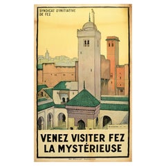 Affiche vintage originale de voyage Fez, Maroc, Afrique du Nord, Mysterious City Vicaire