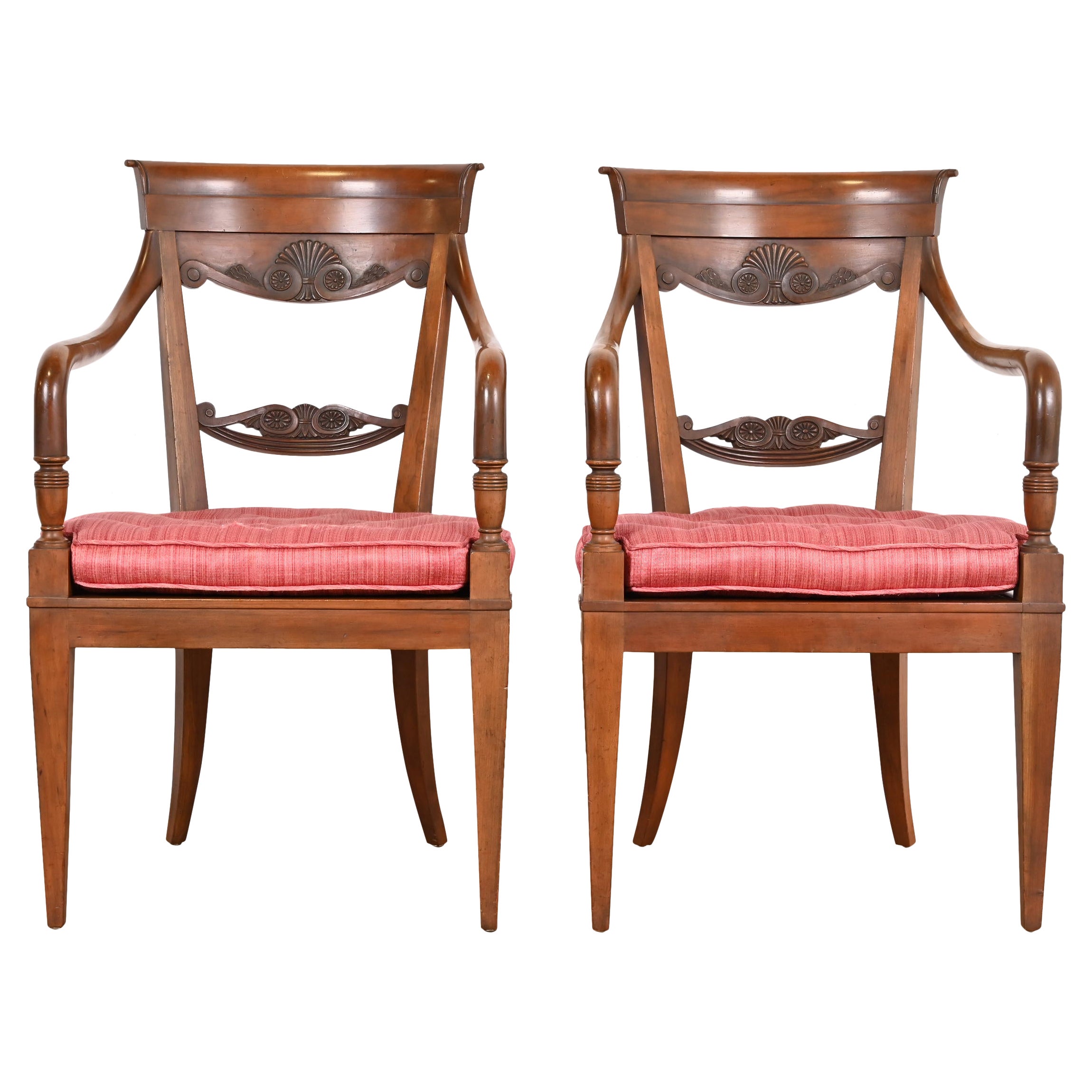 Baker Furniture French Regency Carved Walnut Lounge Chairs, Pair