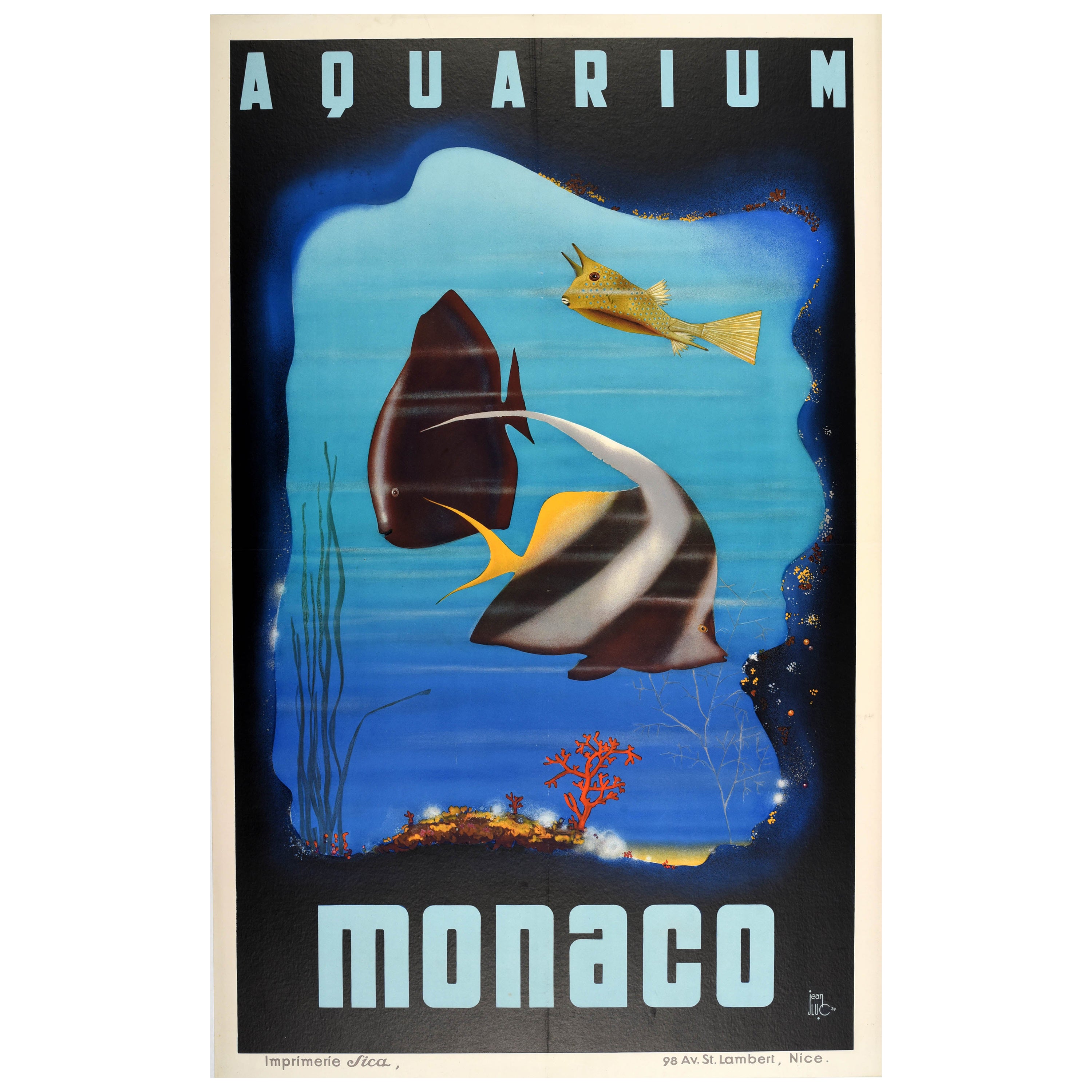 Affiche de voyage vintage originale publicitaire Monaco Aquarium Art Deco Ocean Museum en vente