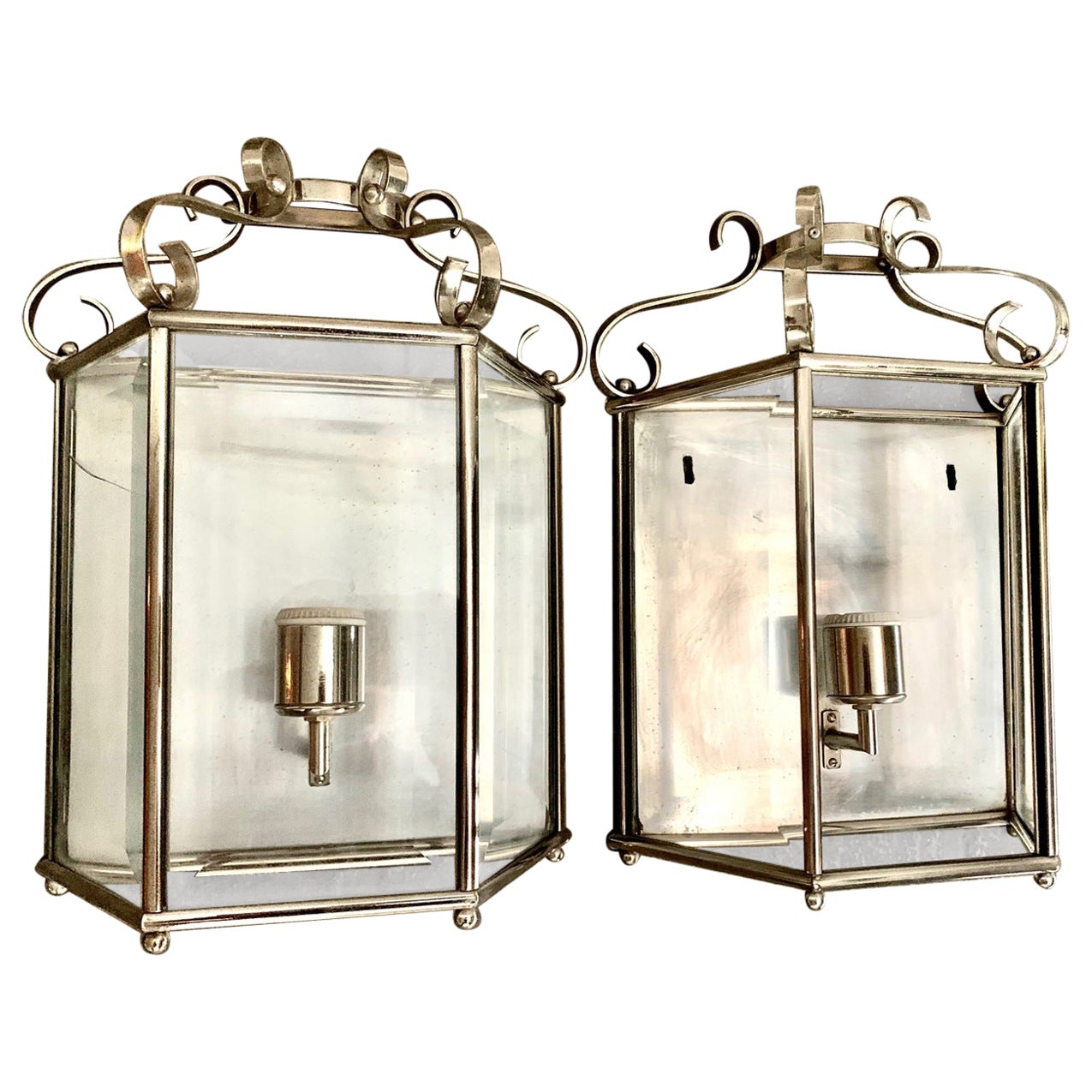 Pair 1960's Wall Sconces in Chromed Metal and Glass For Sale