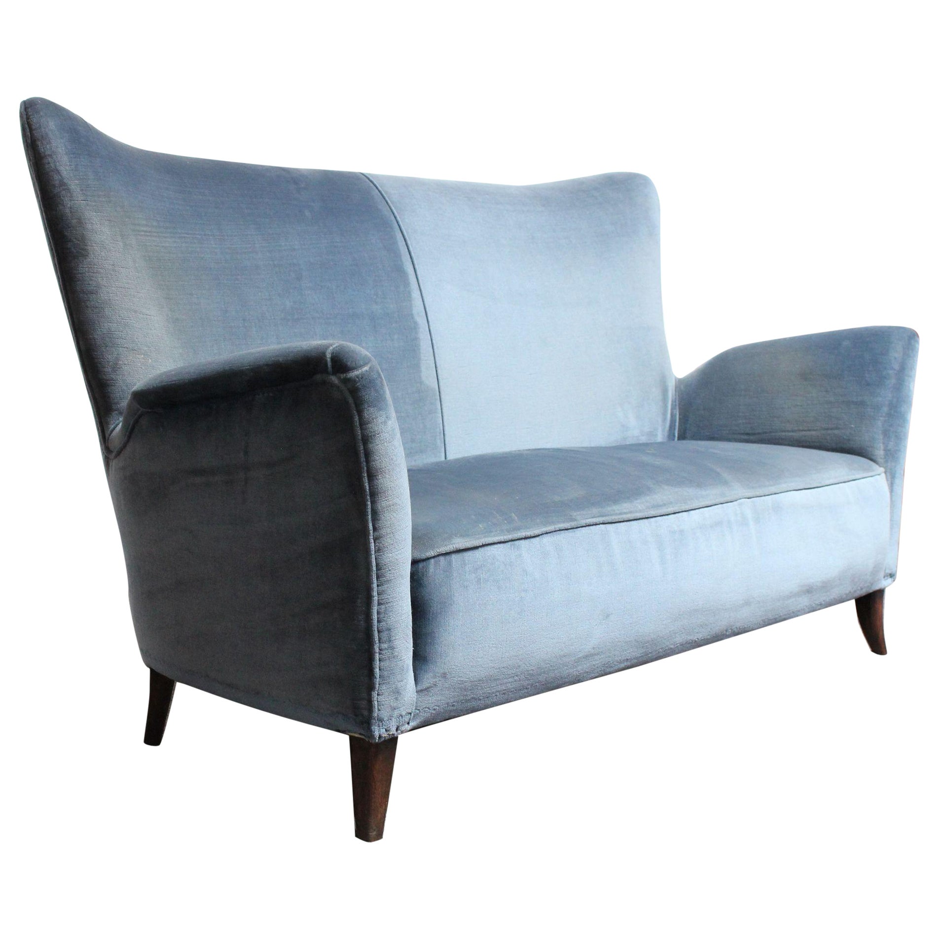 Mid-Century Italian Modern Blue Velvet Sculptural Settee / Loveseat