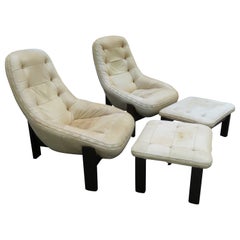 Rare Pair Jean Gillon Rosewood Leather Lounge Chair Ottoman Probel Brazilian