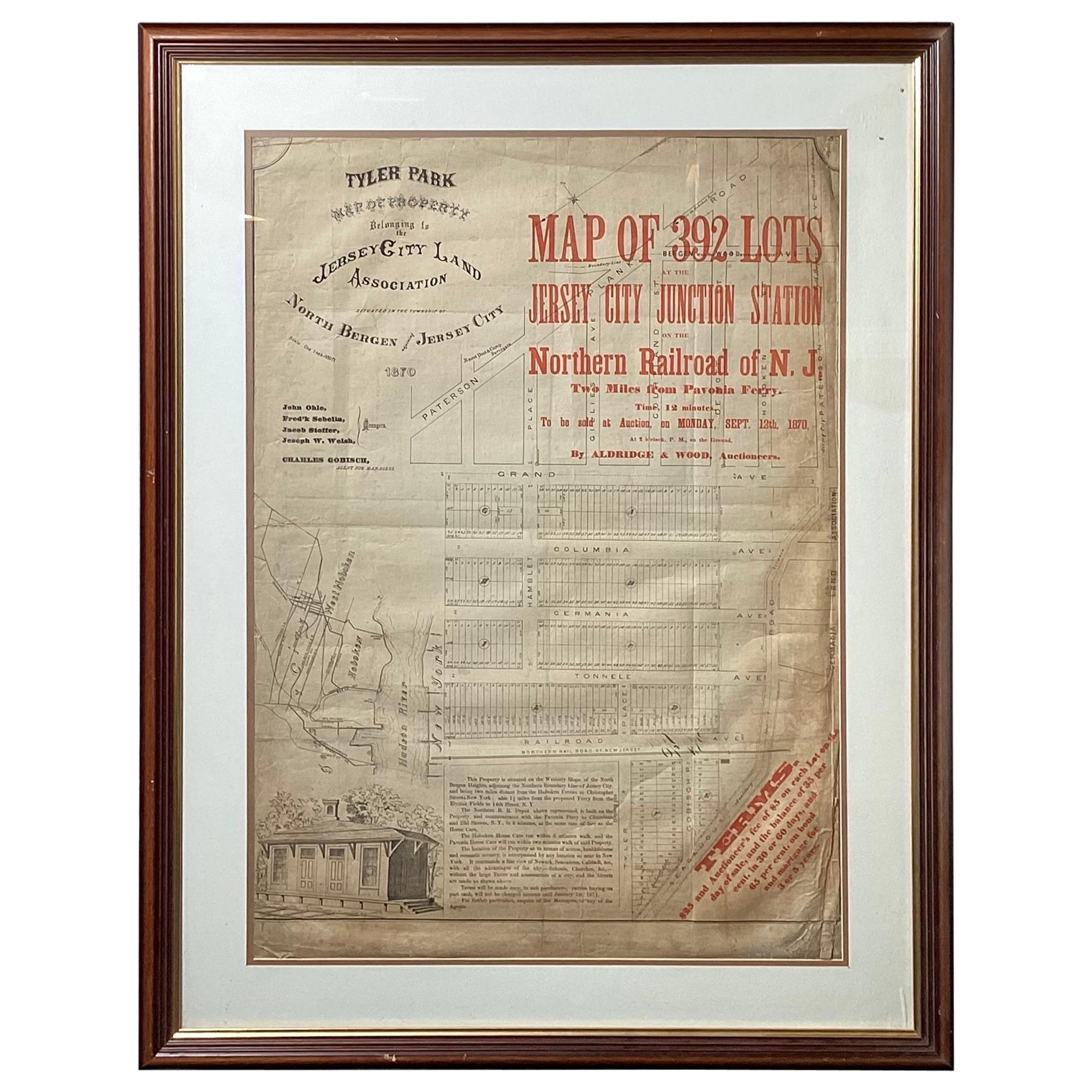 Survey d'une carte de la terre originale encadrée de Tyler Park, Jersey City Railroad