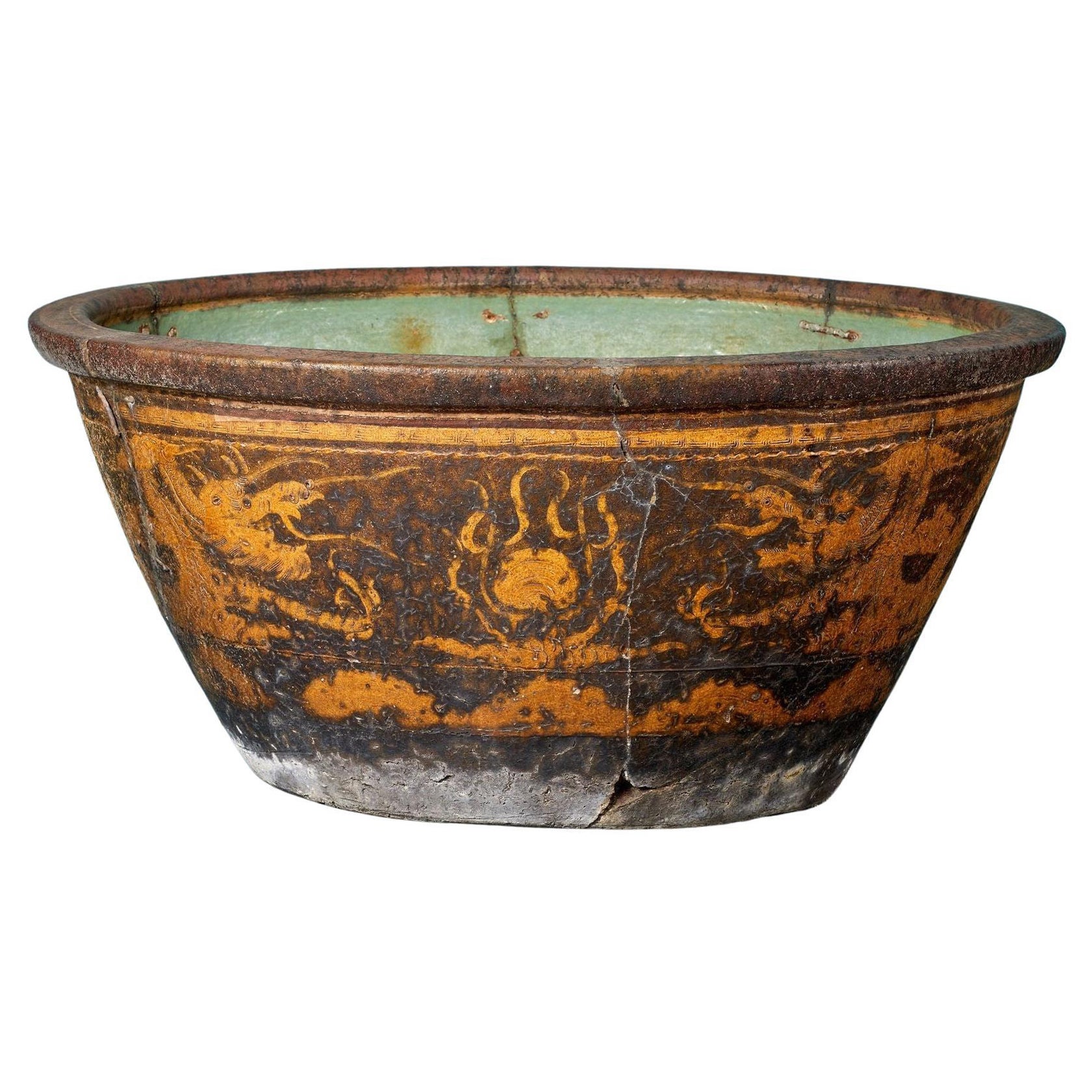 Antique Chinese Oval Fish Bowl Planter For Sale