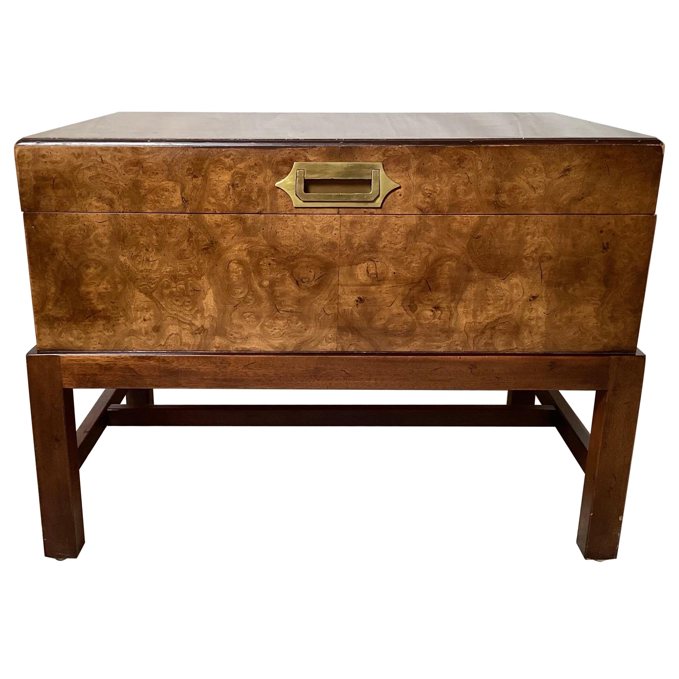 Campaign Style Box on Stand in Brass and Burl Walnut For Sale