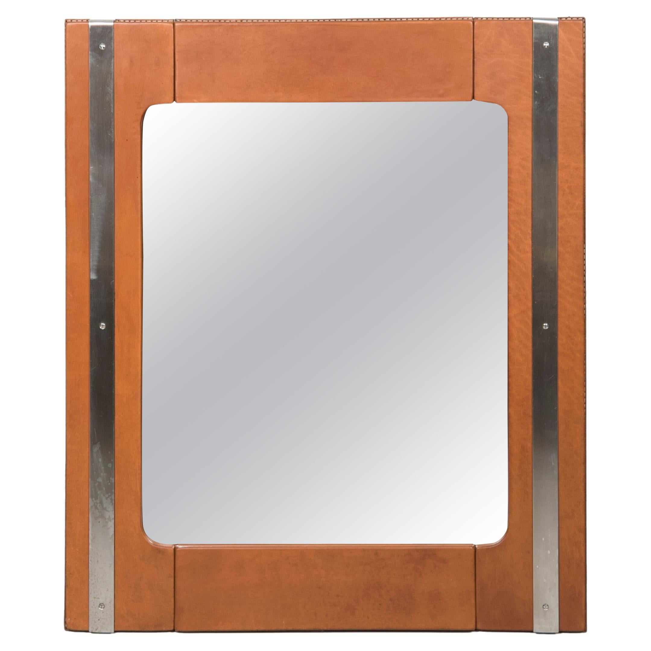 1950's Stitched Leather Mirror by Jacques Adnet For Sale