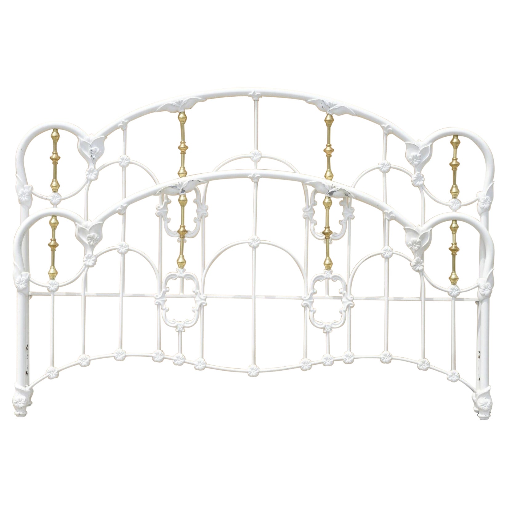 Antique Queen Size Cast Iron and Brass Victorian Art Nouveau Bed Frame