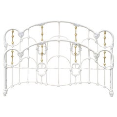 Antique Queen Size Cast Iron and Brass Victorian Art Nouveau Bed Frame