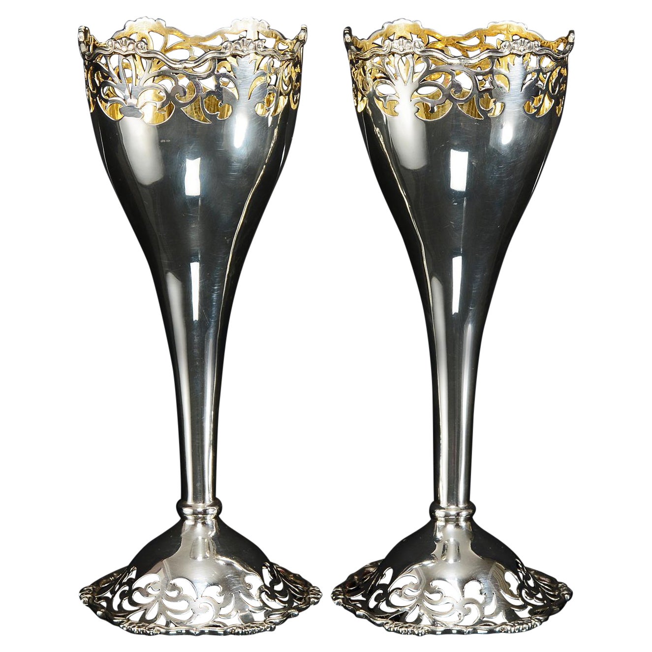 Pair of Antique Silver Vases with Hand-Pierced Decoration
