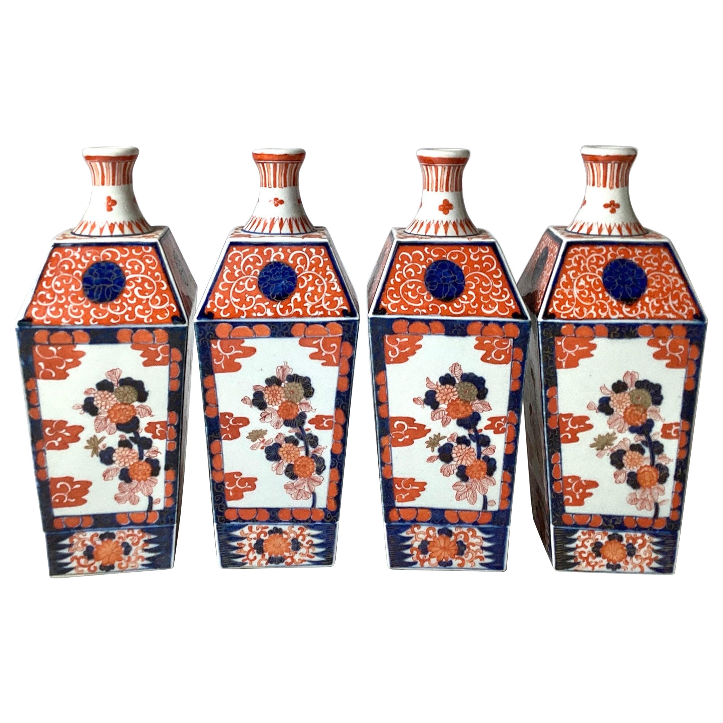 Rare Set of 4 Meiji Period Imari Bottle Form Vases For Sale
