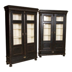 Pair, Antique Set of Black Painted Bookcases Display Cabinets