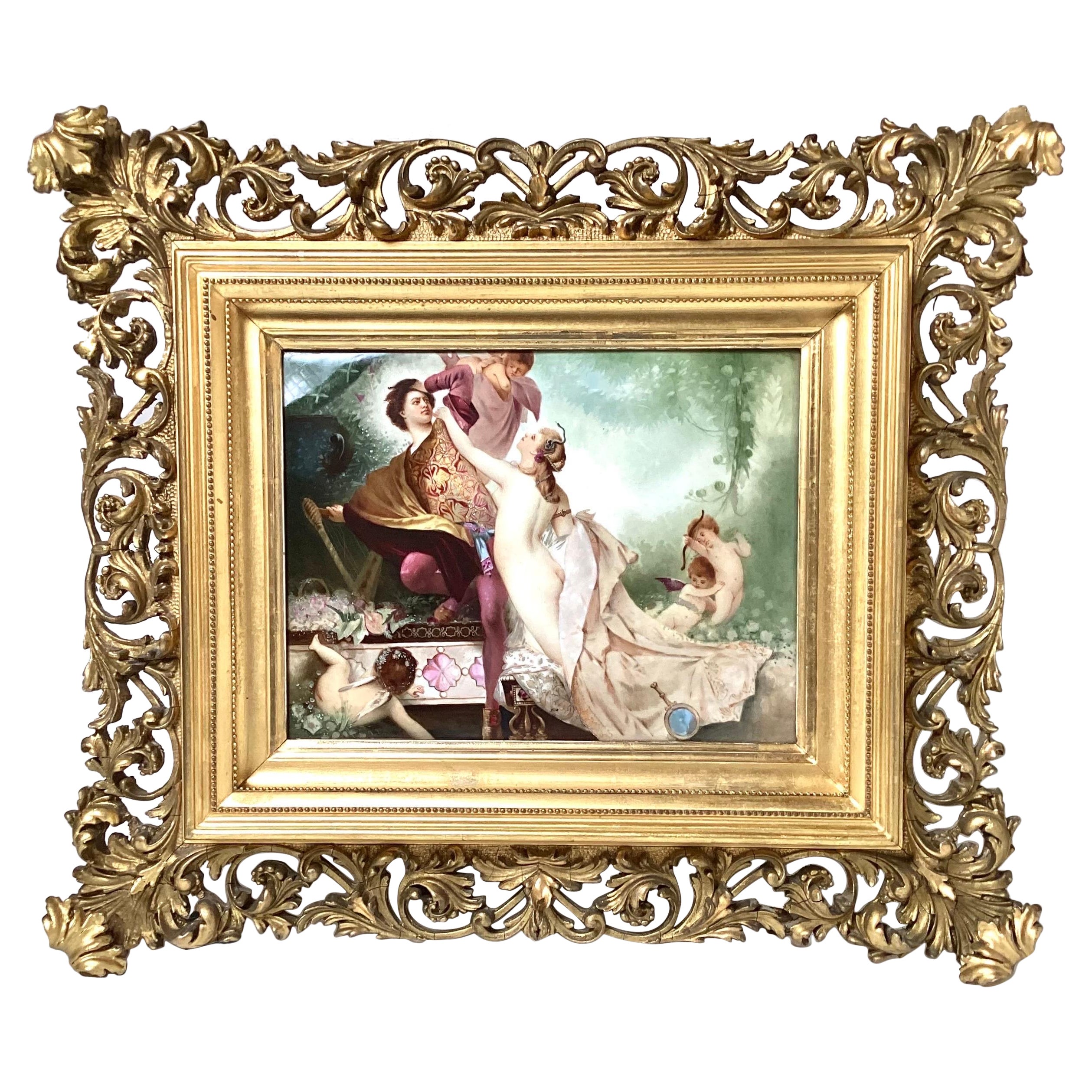 Peinture sur porcelaine du 19e siècle dans un cadre doré en vente