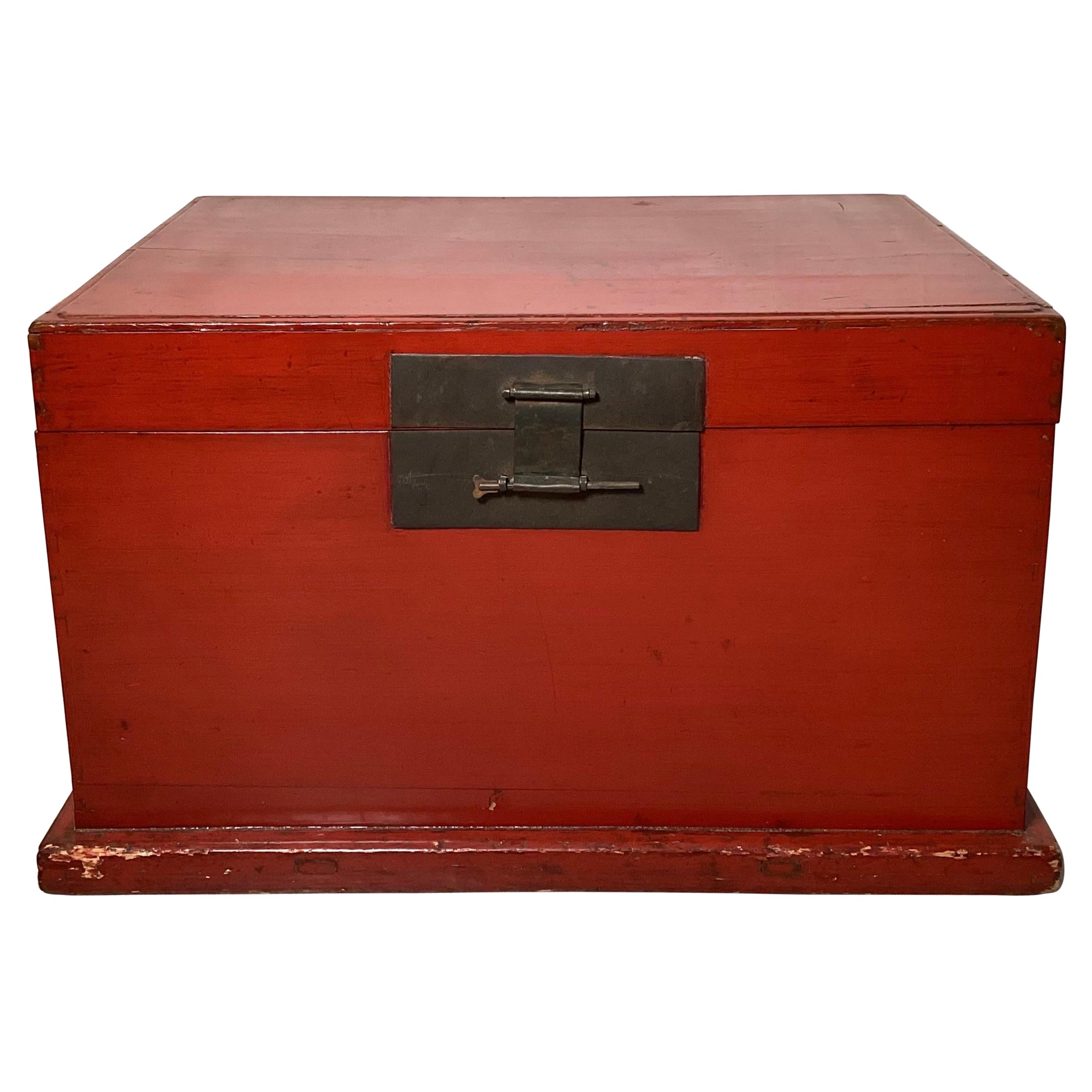 A 19th Century Red Lacquer Blanket Chest Trunk For Sale