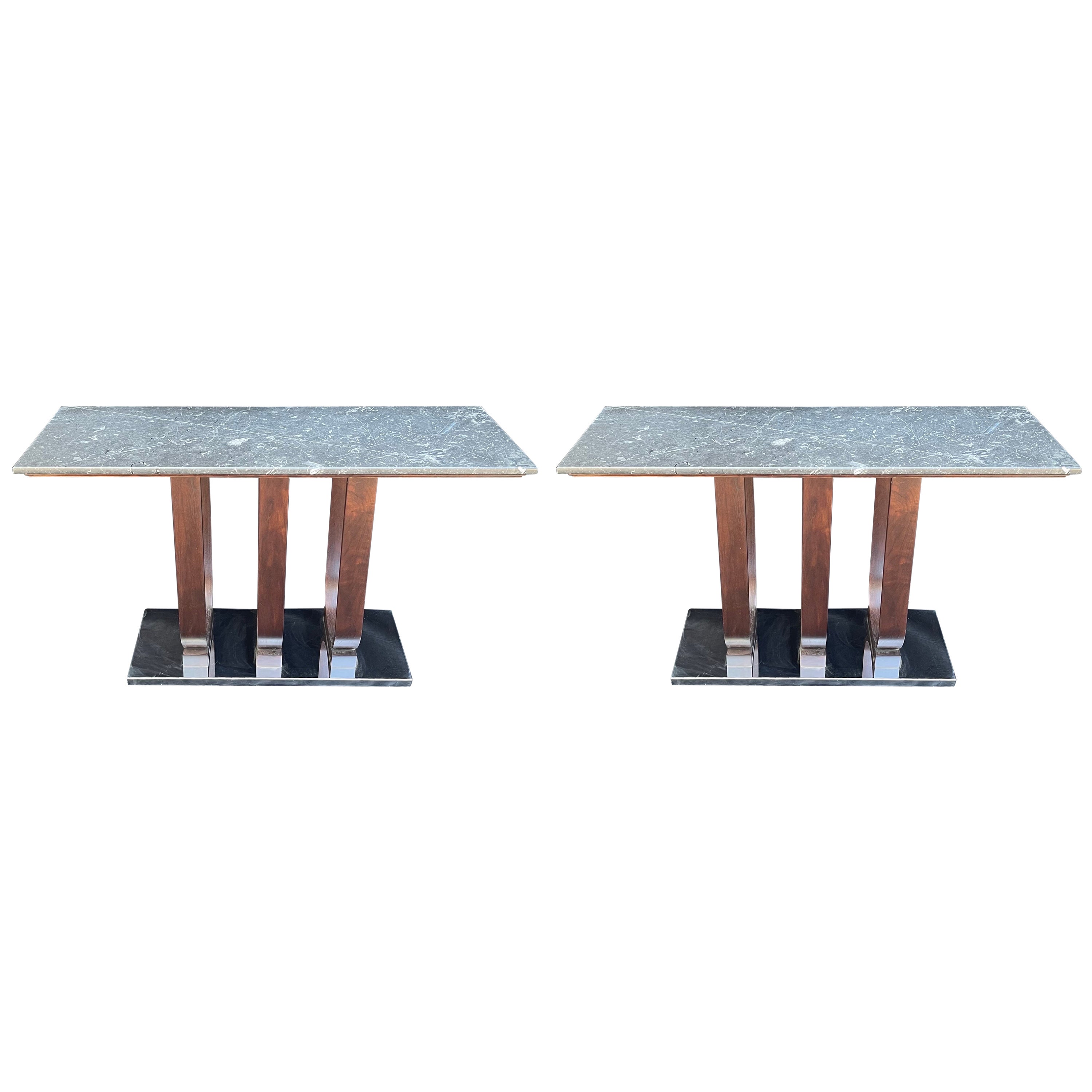Wonderful Pair Marble Top Mid-Century Modern Art Deco Console Tables Chrome Base For Sale
