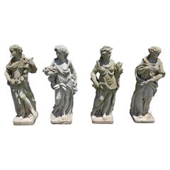 English Cast Stone Four Seasons Garden Statues Standing on Squared Bases, C 1840