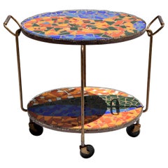 Vallauris Mediterranean 2 Tier Oval Steel Tiles & Brass Outdoor Bar Cart 1950