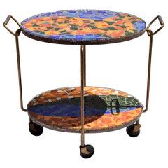  Vallauris Mediterranean 2 Tier Oval Steel Tiles & Brass Outdoor Bar Cart 1950