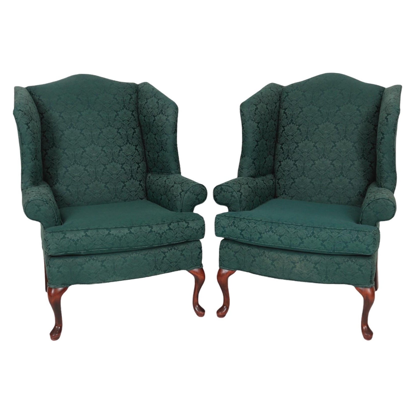 Forest Green Wingback Chairs, a Pair