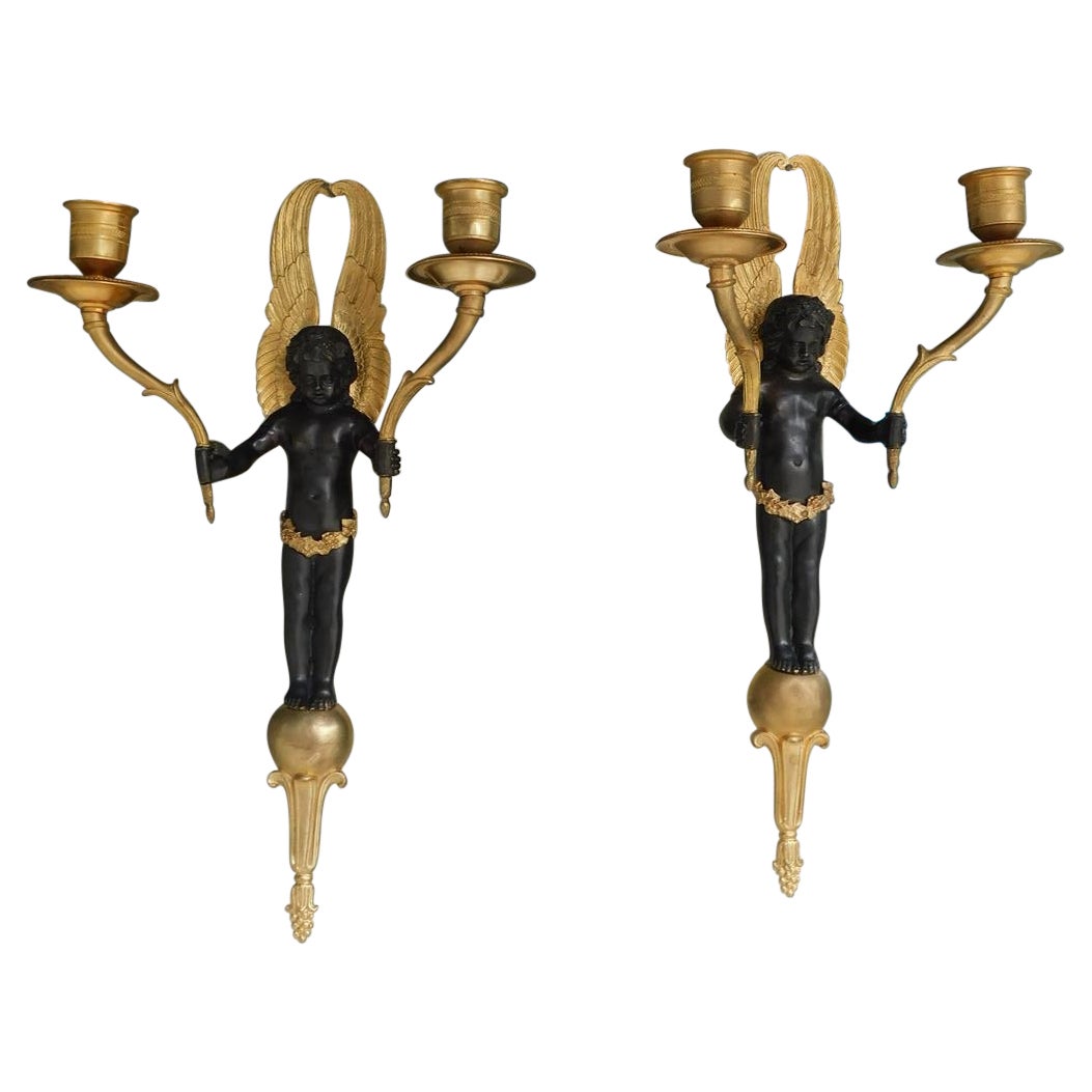 Pair of French Gilt Bronze Figural Cherub Winged Two Arm Wall Sconces, C. 1820 For Sale