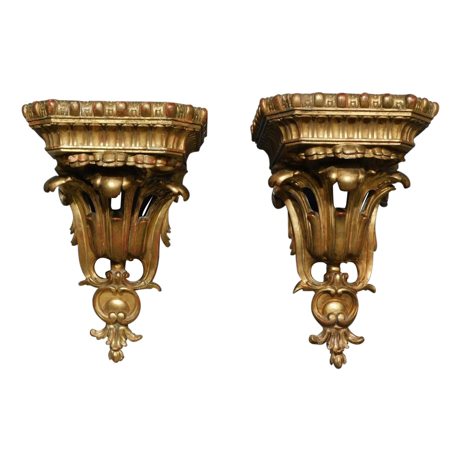 Pair of French Gilt Carved Wood & Gesso Foliage Gadrooned Wall Brackets, C. 1820 For Sale