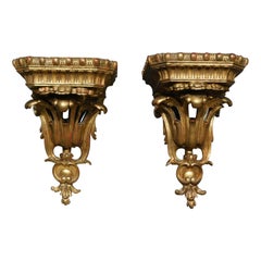 Antique Pair of French Gilt Carved Wood & Gesso Foliage Gadrooned Wall Brackets, C. 1820