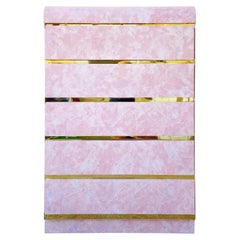 Postmodern Pink Faux Marble Laminate Waterfall Highboy Dresser with Gold
