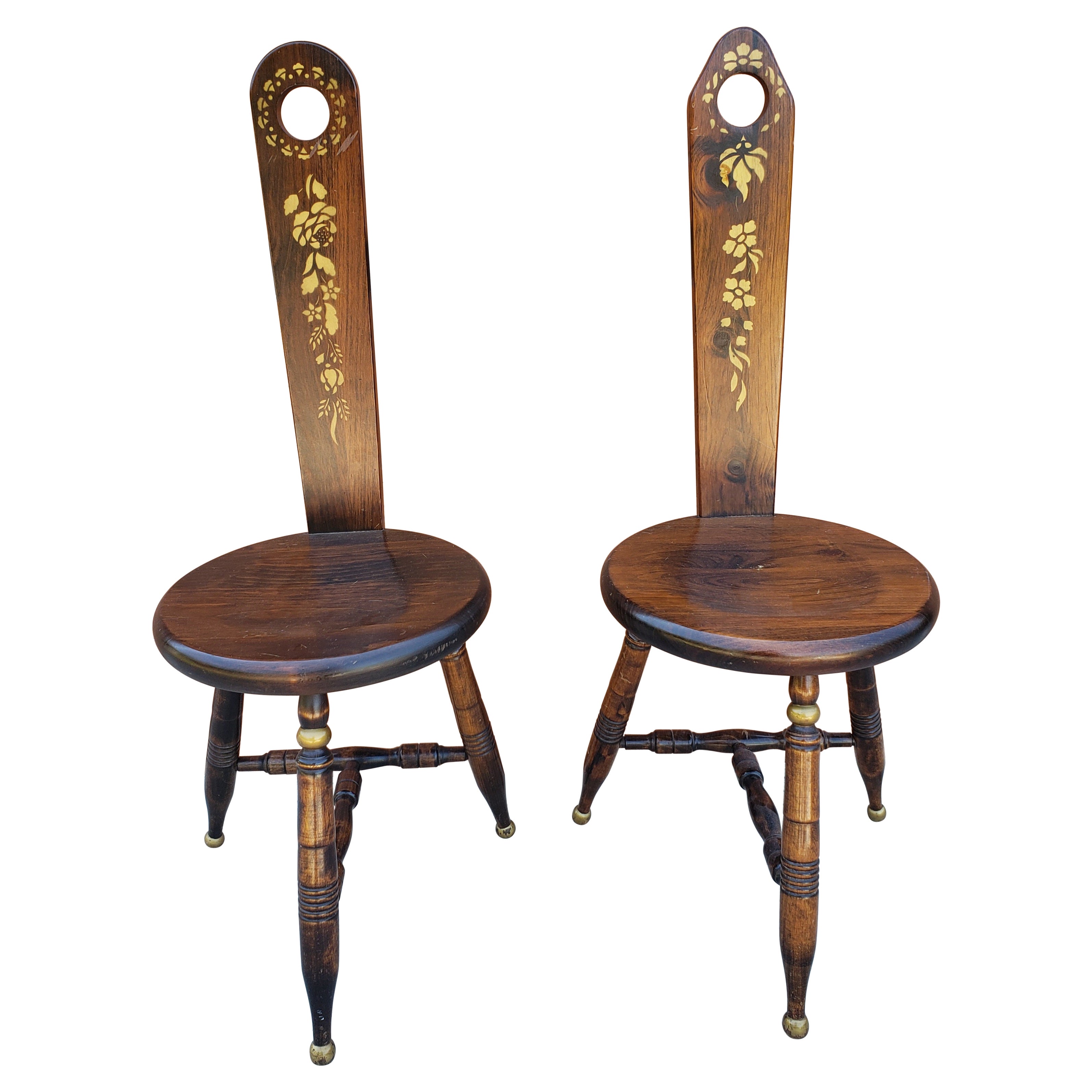 Stencil Decorated Pine Trifid Milking Stools, a Pair For Sale