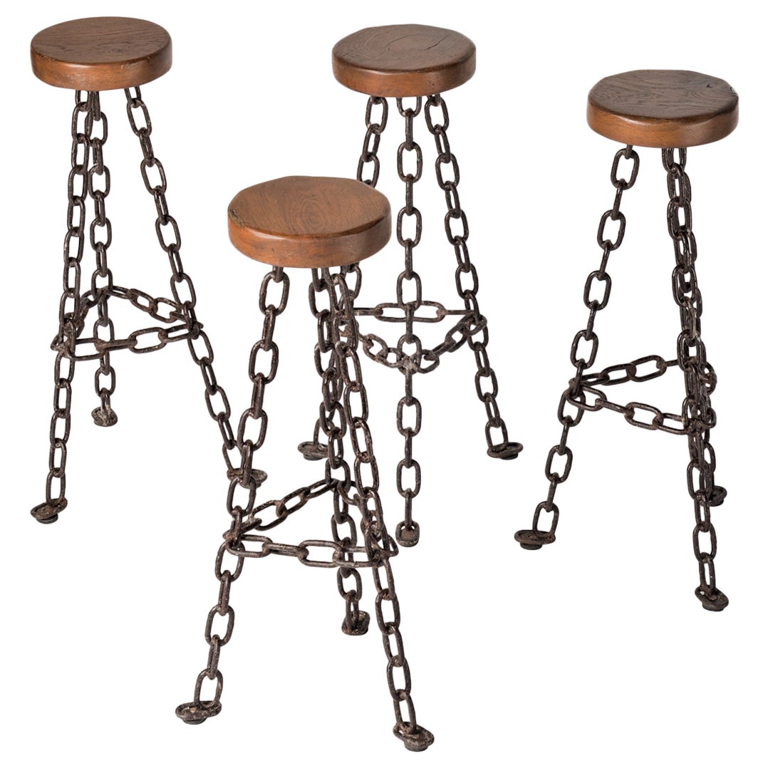 Set of 4 Brutalist Welded Black Marine Chain and Wood Bar Stools - France 1970's For Sale