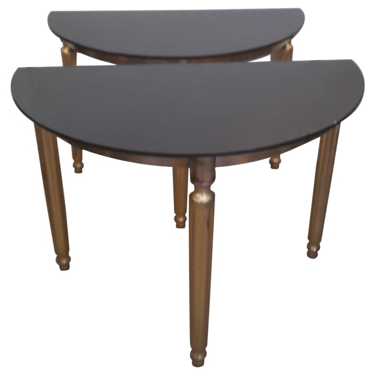 1970s DemiLune Golden Brass Smoked Glasses Small Tables For Sale at