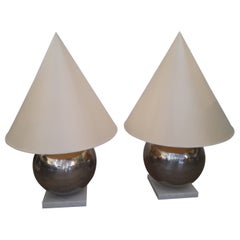 Vintage 1940s Art Deco French Steel Spherical Base Conical Shade Marble Base Table Lamps
