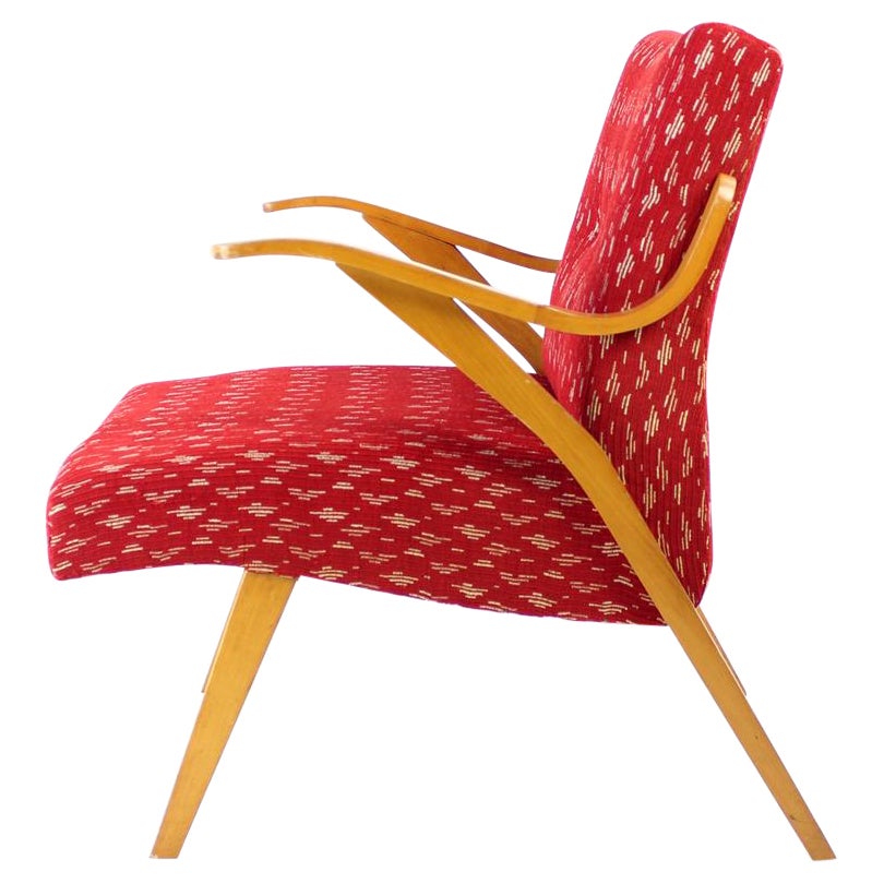 Midcentury Armchair in Original Red Fabric & Blonde Wood, Czechoslovakia, 1960s For Sale