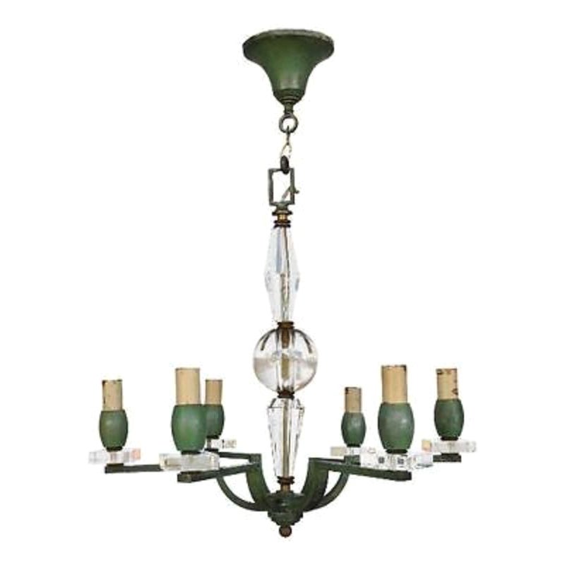 Bronze Chandelier 6 Lights Adnet Style Green Lacquered, 1940