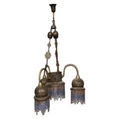 Antique Oriental Brass Glass Fringe Chandelier