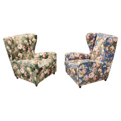 Vintage Pair of Authentic Floral Fabric Wingback Armchairs by Paolo Buffa Italy