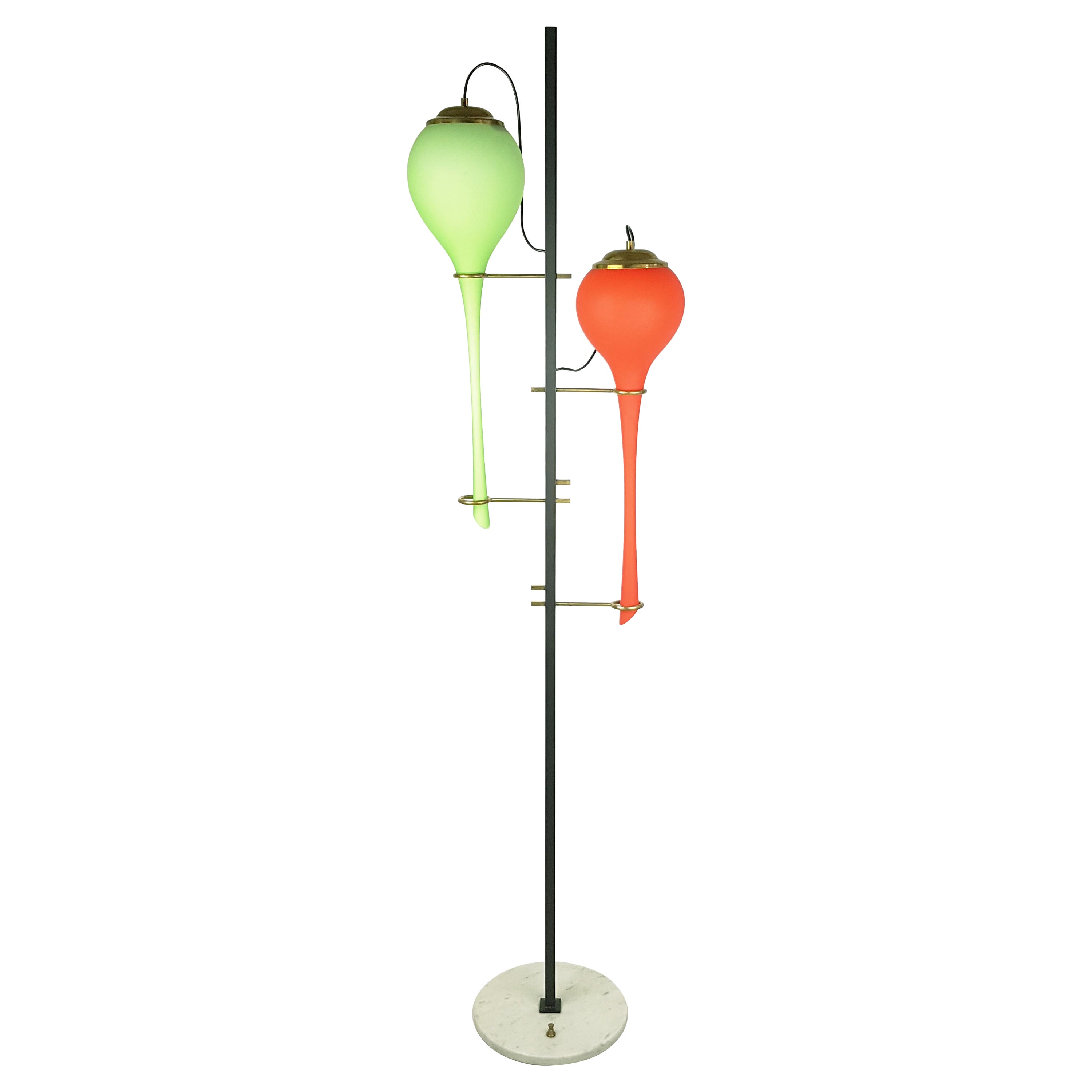 Green & Orange Murano Glass Black Metal & Brass 1950s Floor Lamp Attr. Stilnovo For Sale