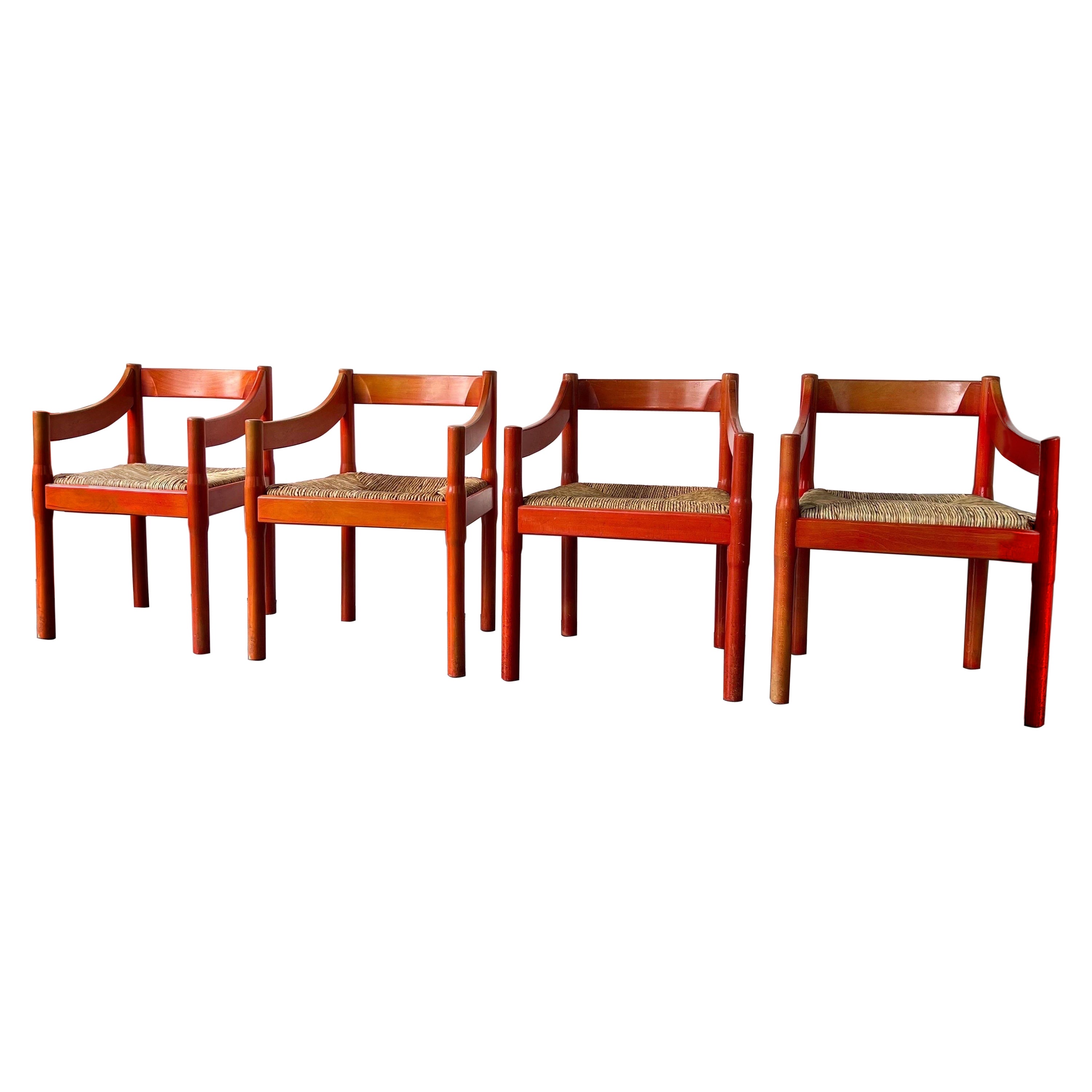 Set of x2 Original Red Stained Carimate Carver Chairs by Vico Magistretti 