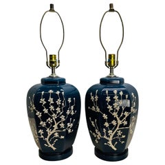 1960s Blue and White Floral Ceramic Table Lamps, Pair