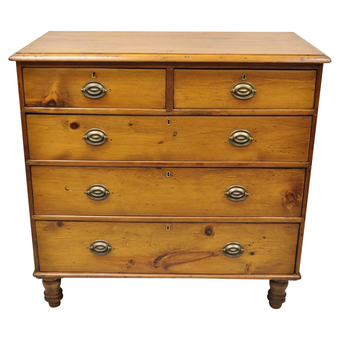 19th C. Antique Pine Wood 5 Drawer Primitive Colonial Chest Of Drawers Dresser For Sale