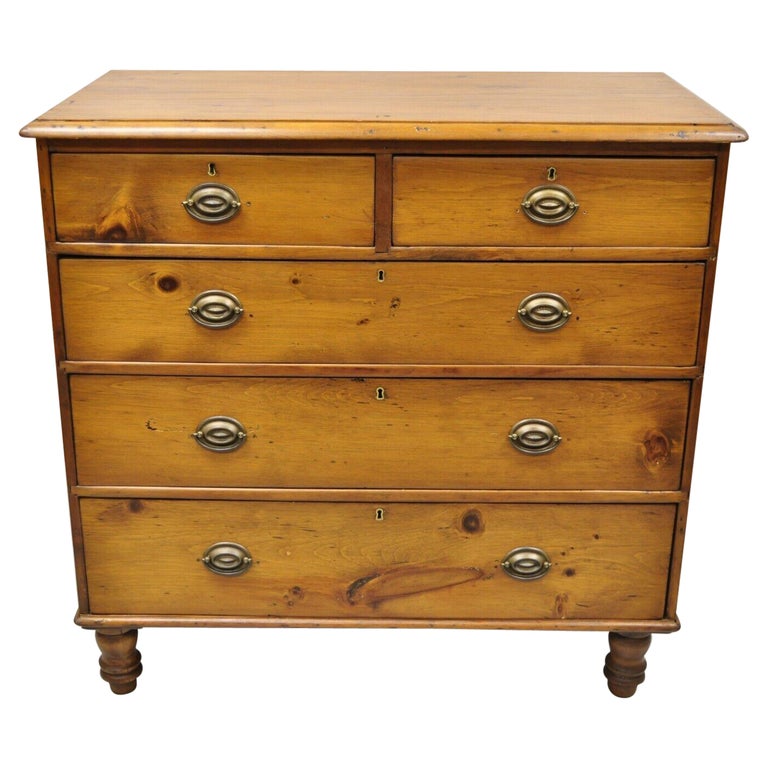 19th C. Antique Pine Wood 5 Drawer Primitive Colonial Chest Of Drawers Dresser For Sale at