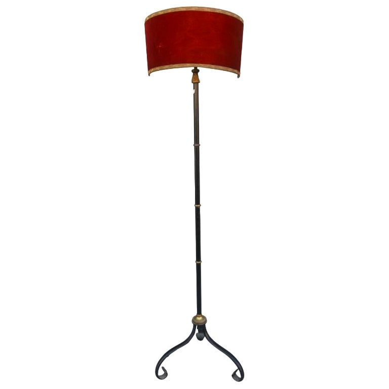 Floor Lamp Wrought Iron Red Shade Adjustable Shade, 1940 For Sale