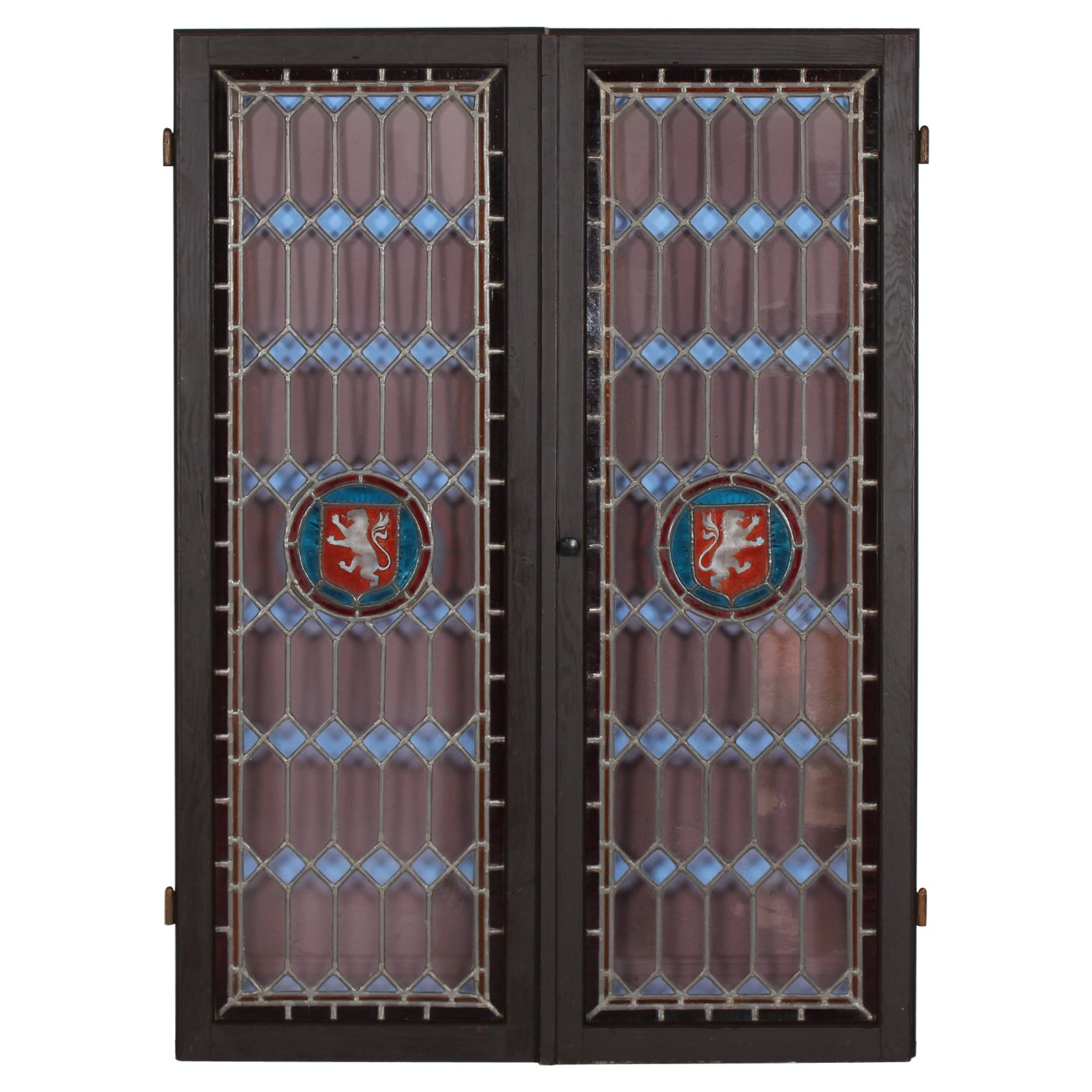 Set Old Leaded Windows with Colored Panes in Frame of Dark Wood, Denmark 1940s For Sale