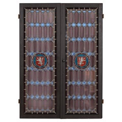 Used Set Old Leaded Windows with Colored Panes in Frame of Dark Wood, Denmark 1940s