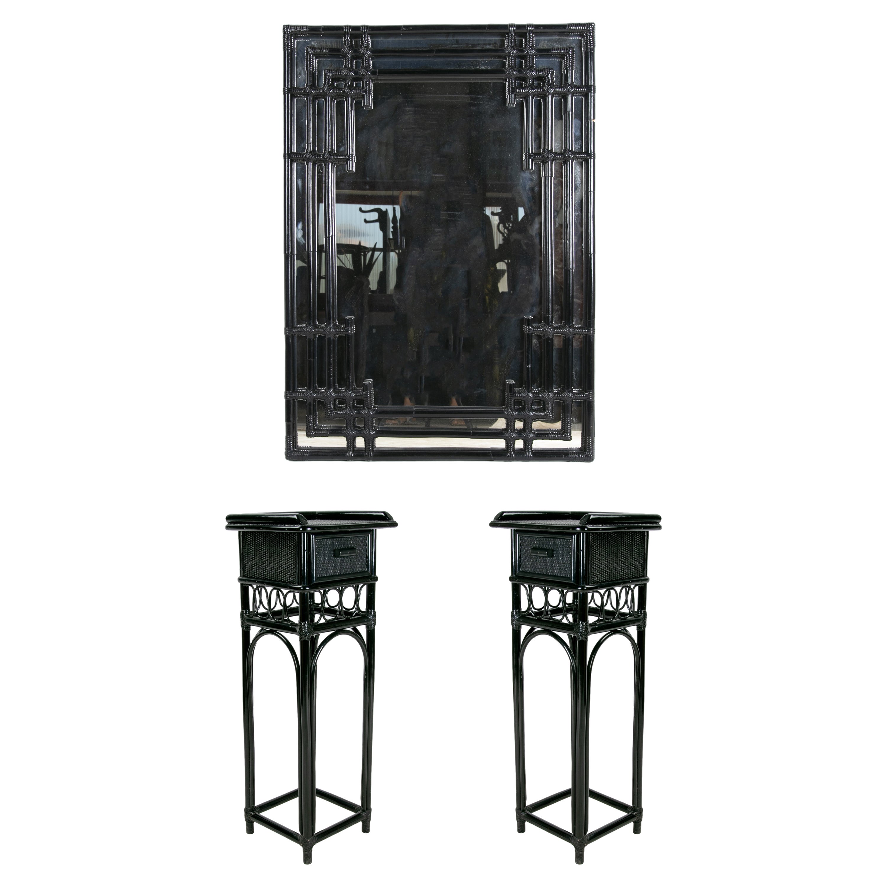 Set of Side Tables and Mirror in Bamboo and Wicker Lacquered in Black For Sale