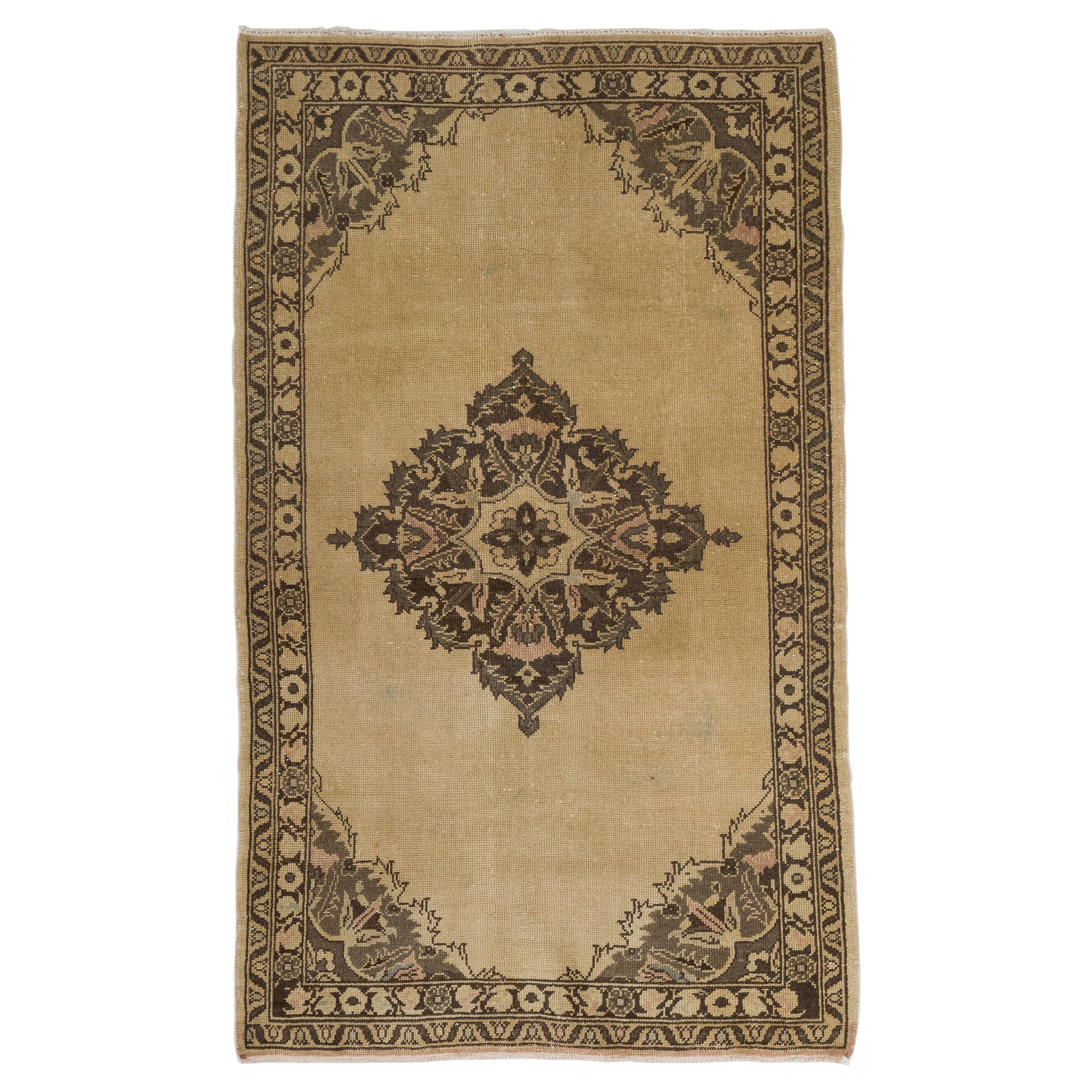 3.6x6 Ft Mid Century Hand-Knotted Turkish Oushak Accent Wool Rug in Beige Colors For Sale