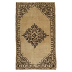 3.6x6 Ft Mid Century Hand-Knotted Turkish Oushak Accent Wool Rug in Beige Colors